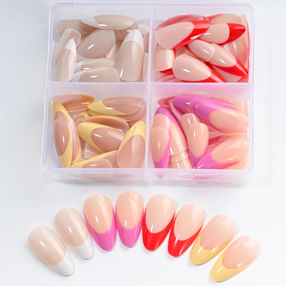 96 piezas de uñas postizas de almendra francesa, borde rojo/blanco/rosa/púrpura, cobertura completa, puntas de uñas postizas usables de Navidad para mujeres
