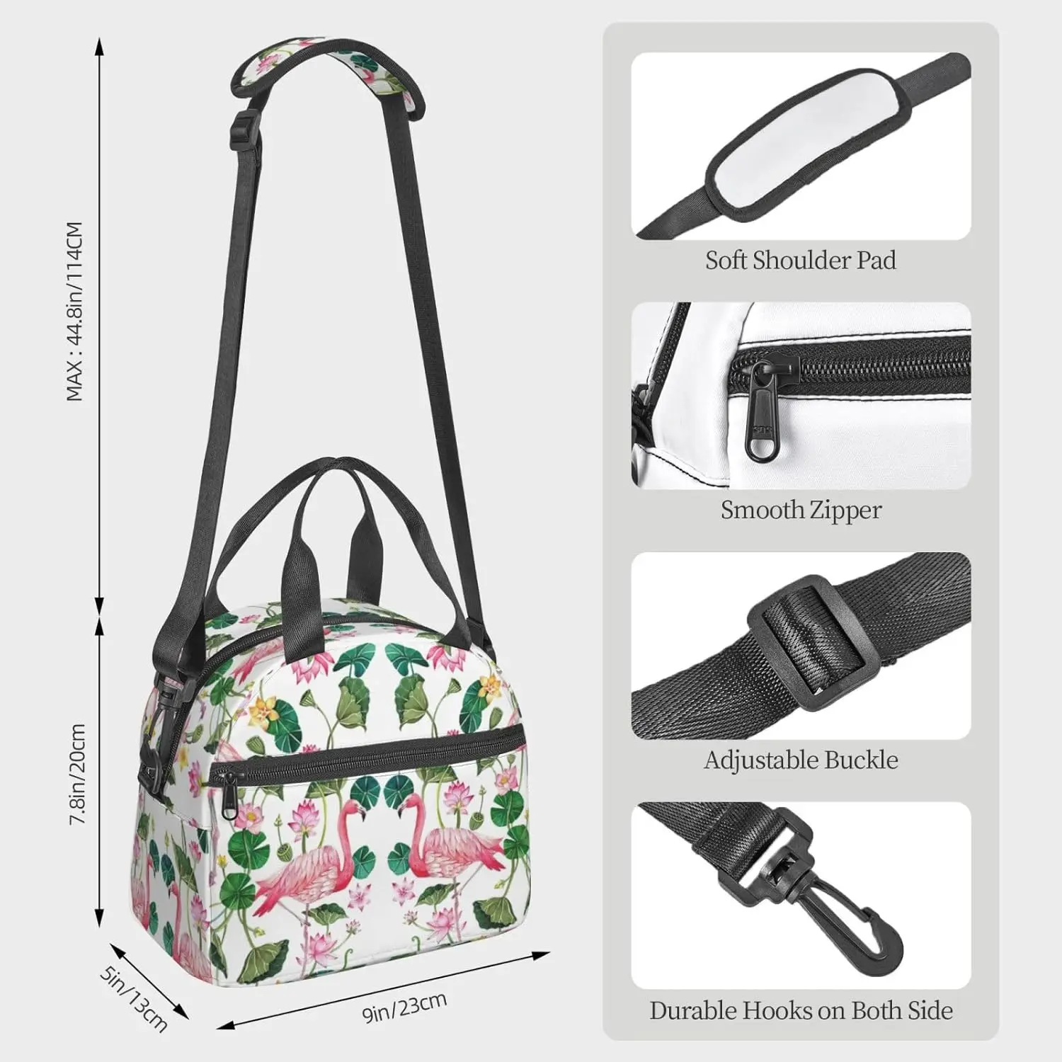 Flamingo Vogel runde Blätter drucken Lunch-Tasche mit verstellbarem Schulter gurt, auslaufs icher, Einkaufstasche für Büroarbeit, Picknick und Outdoor