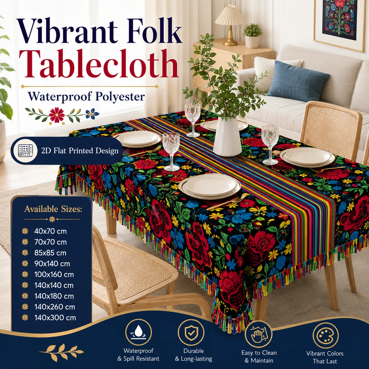 

Vibrant Folk Floral Waterproof Polyester Tablecloth 2D Flat Printed Boho Striped Table Cover For Dining Room Kitchen Decor
