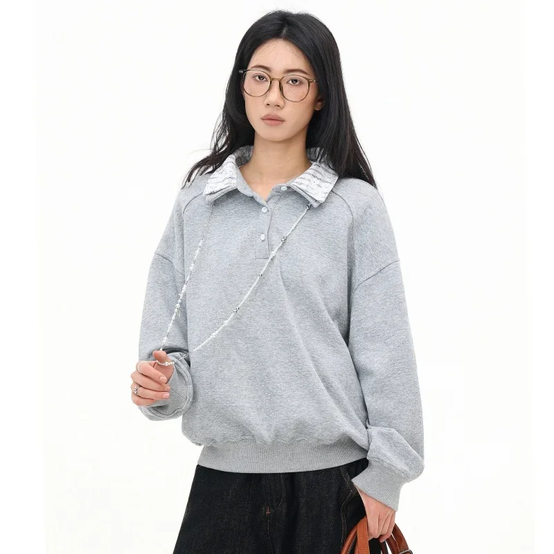 

Women's Oversized Sweatshirt 2025 Drop Shoulder Patchwork Lapel Collar Gray Long Sleeve Sporty Pullover Loose Fit Casual Tops