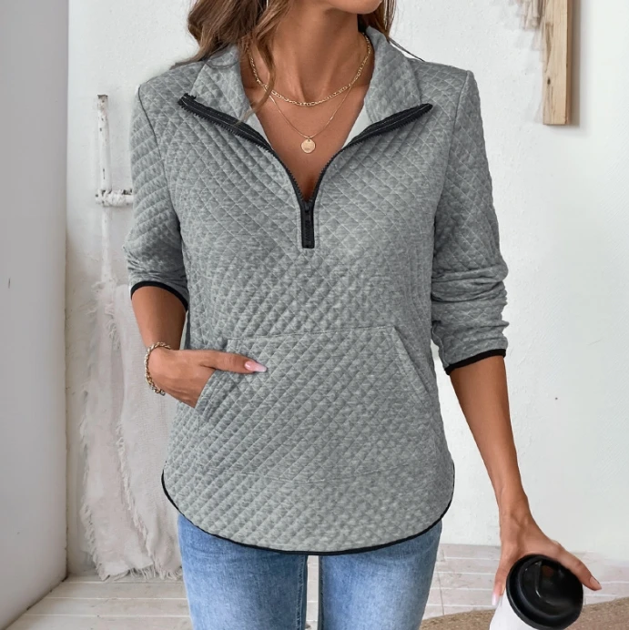 Women's winter sweaters Waffle V-neck zipper half open pullover with pockets solid color casual fashion long sleeved sweatshirt