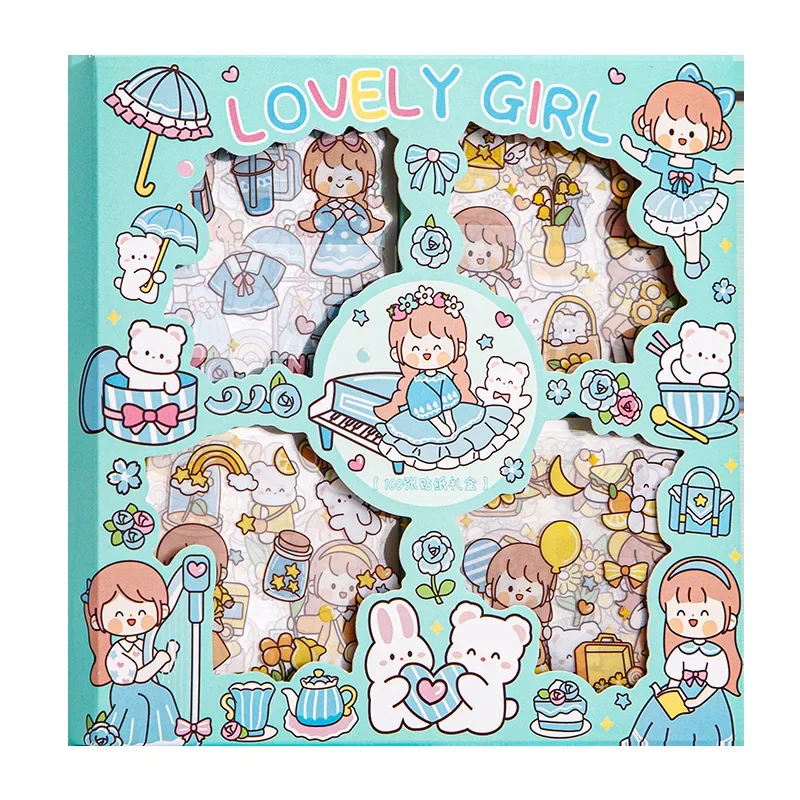 100Pcs Kawaii Stickers Handbook Cute Cartoon Pattern Stickers 8*8cm PET Waterproof Box Scrapbooking Stickers Stationery Supplies