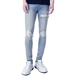 Men's Ripped Jeans Motorcycle High Street Leather Knee Skinny Destroyed Hole Jeans