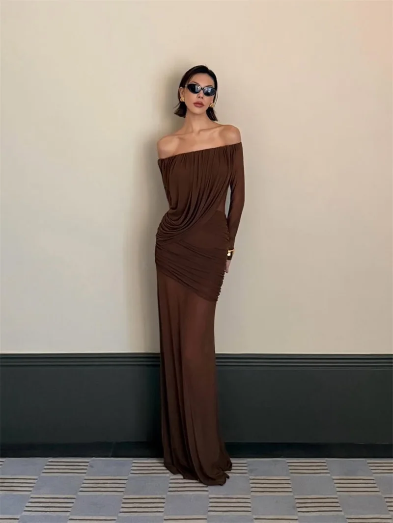 

Brown Prom Dress Sexy Off Shoulder Full Sleeves Ruffles Sheath Party Gown Casual Hot Girl Formal Wedding Guest Birthday Robe
