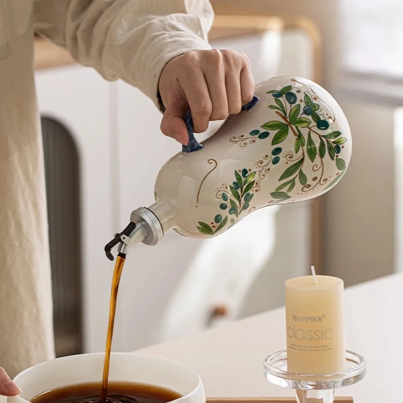 Hand Painted Ceramic Oil Vinegar Bottle Lemon Olive Pattern Leak Proof No Drip With Handle Kitchen Olive Oil Soy Sauce Dispenser view 2