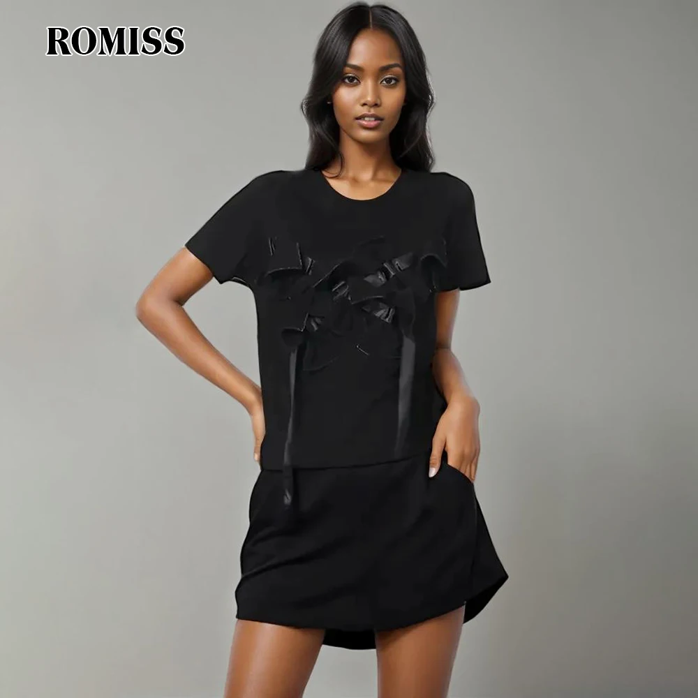 Romiss Effen Casual Patchwork Strik Top Voor Dames Met Ronde Hals En Korte Mouwen, Met Veters En Minimalistische T-Shirts Dames Nieuw