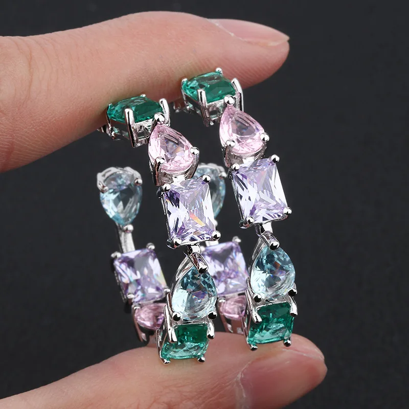 Luxury Designer Brazilian Zirconia Colorful Big Circle Round Rainbow CZ Crystal Hoop Earrings Jewelry for Women