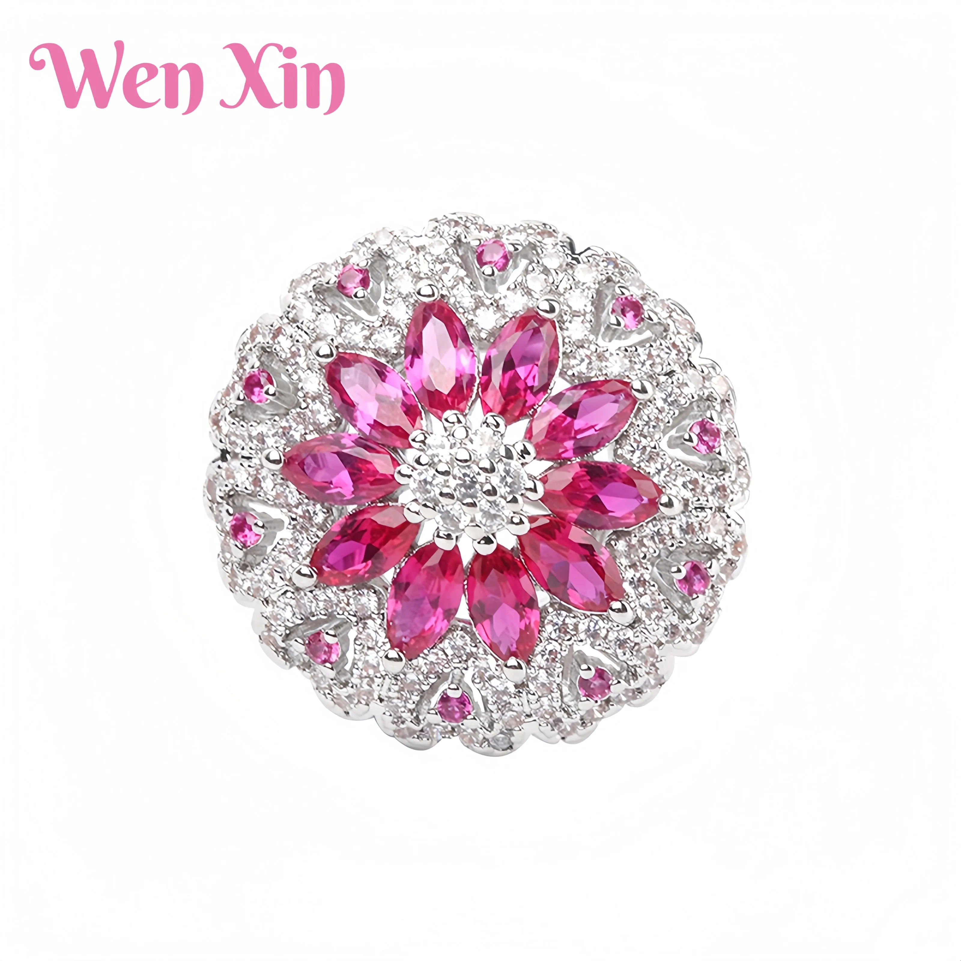 

WENXIN Brand MUSHAN Light Luxury Exquisite Green Tourmaline Red Corundum Flower Crystal Zircon Ring Fashion Jewelry Accessories