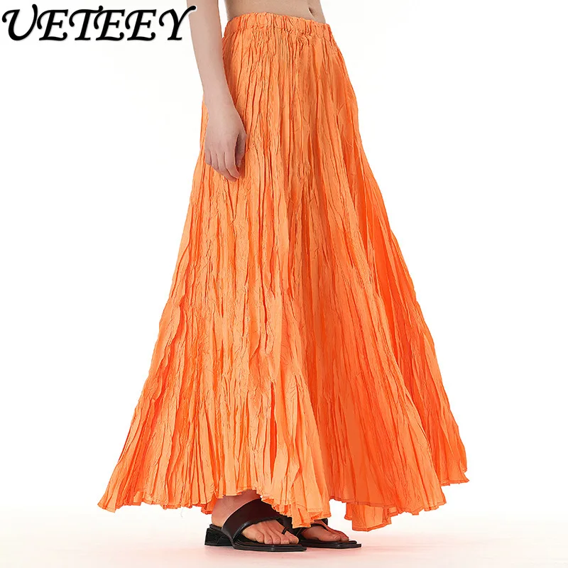 Simple Crumpled Maxi Skirt 2024 Summer New Tide Brand Women's Bottoms Fashion All-Matching Solid Color Wide Hem Long Skirts