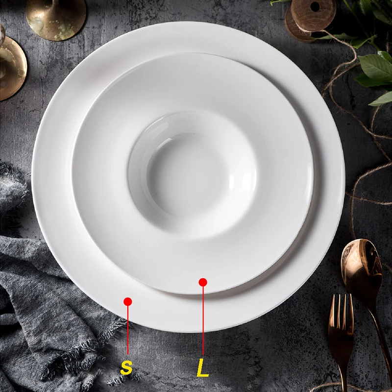 Deep Ceramic Dinner Plate, Wide Rim Pasta Plates, Simple White Bowls, Household Tableware