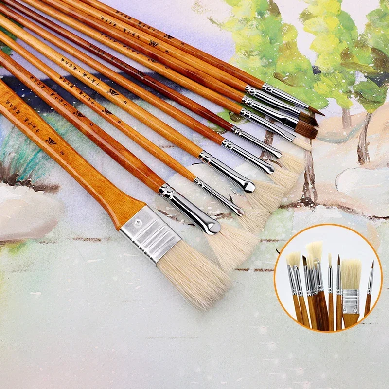 

10 pcs set gouache art test student pig bristle propylene oil paint brush fishtail fan-shaped hand-painted outdoor portable