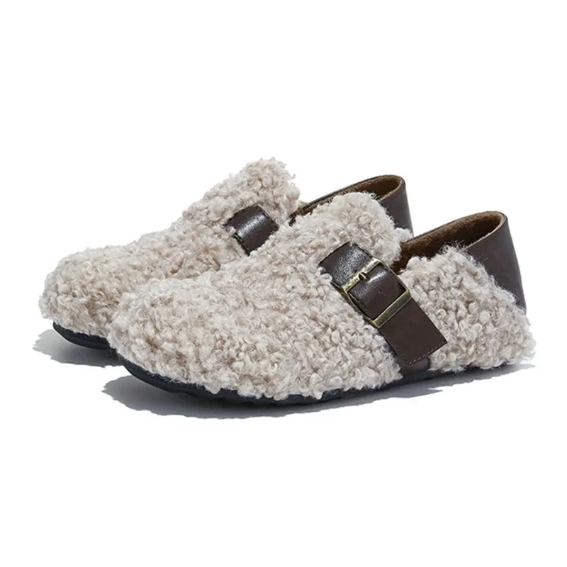 

Winter Furry Warm Loafers for Woman Fashion Belt Buckle Design Round Toe Mary Jane Shoes Soft Comfortable Casual Flat Shoes