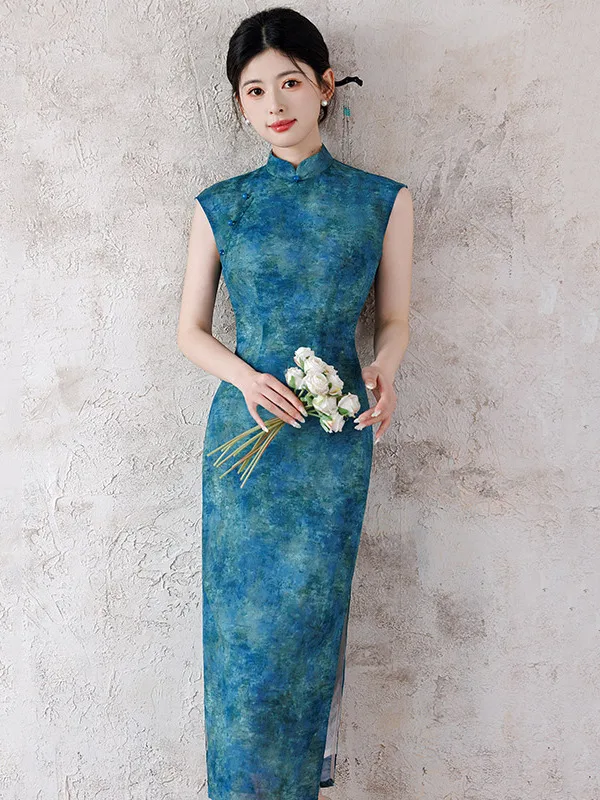 

Синее облегающее платье с длинным рукавом для молодых женщин, обновленная модель, весна-лето, винтажное, в китайском стиле, с цветочным узором