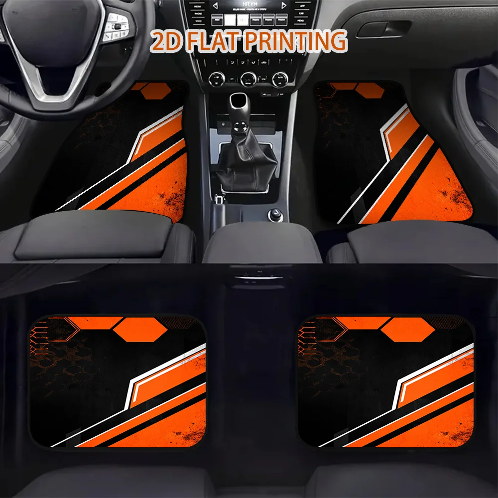 2D Flat Printing, 4pcs Universal Car Mats Showcasing Hexagonal Orange Pattern For Hatchbacks Or Sedans, Offering Convenient Clea