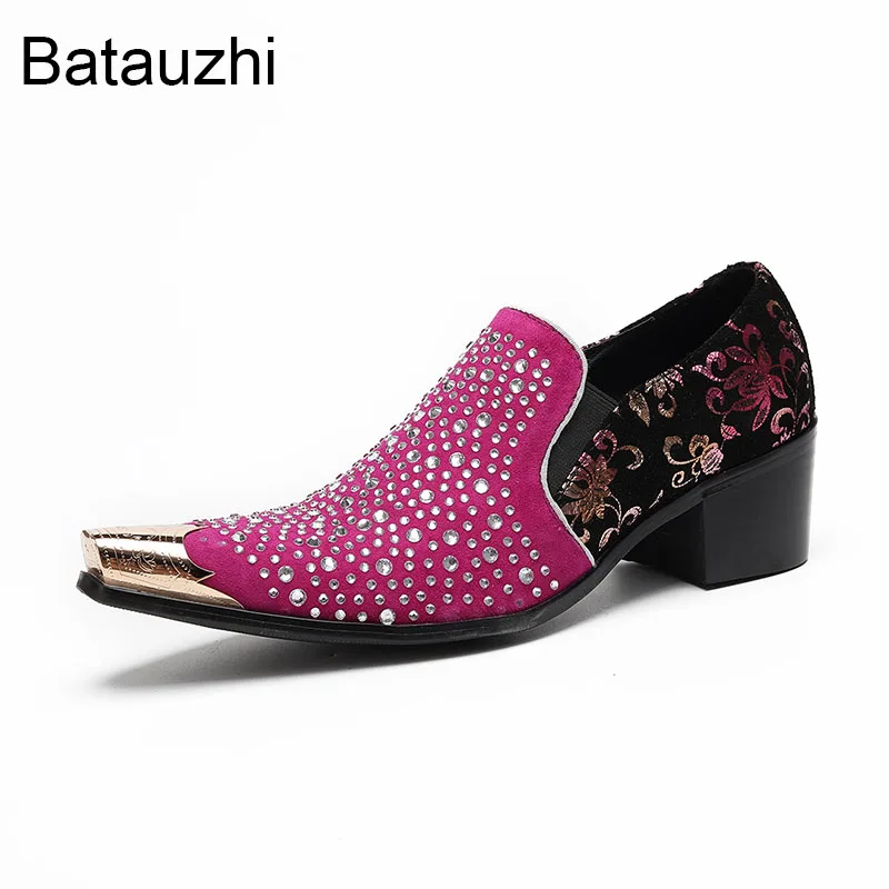 Batzuzhi Modne Męskie Buty Wsuwane z Cyrkoniami Skórzane Eleganckie Buty Męskie Fioletowe Skórzane Buty na Imprezę i Ślub dla Mężczyzn! US6-12US6-12