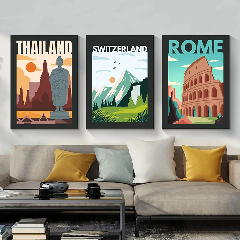Minimalism Travel City Posters Switzerland Mountain Rome Colosseum Modern Prints Canvas Wall Art Pictures Home Living Room Decor