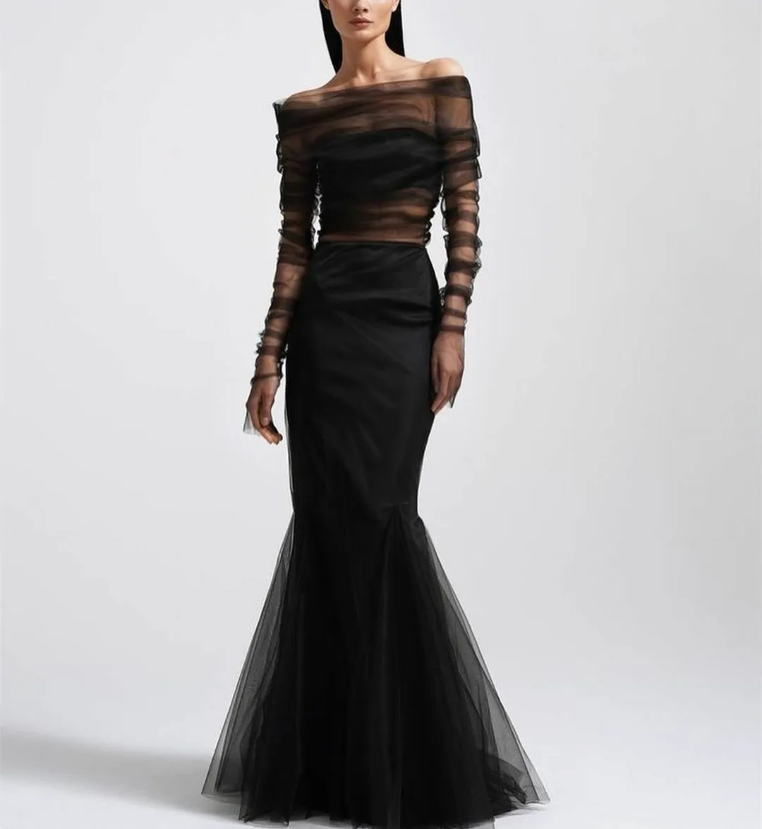 Customized Elegant Long Sleeve Tulle Black Evening Dresses Mermaid Pleated Floor Length Wedding Guest Dress for Women