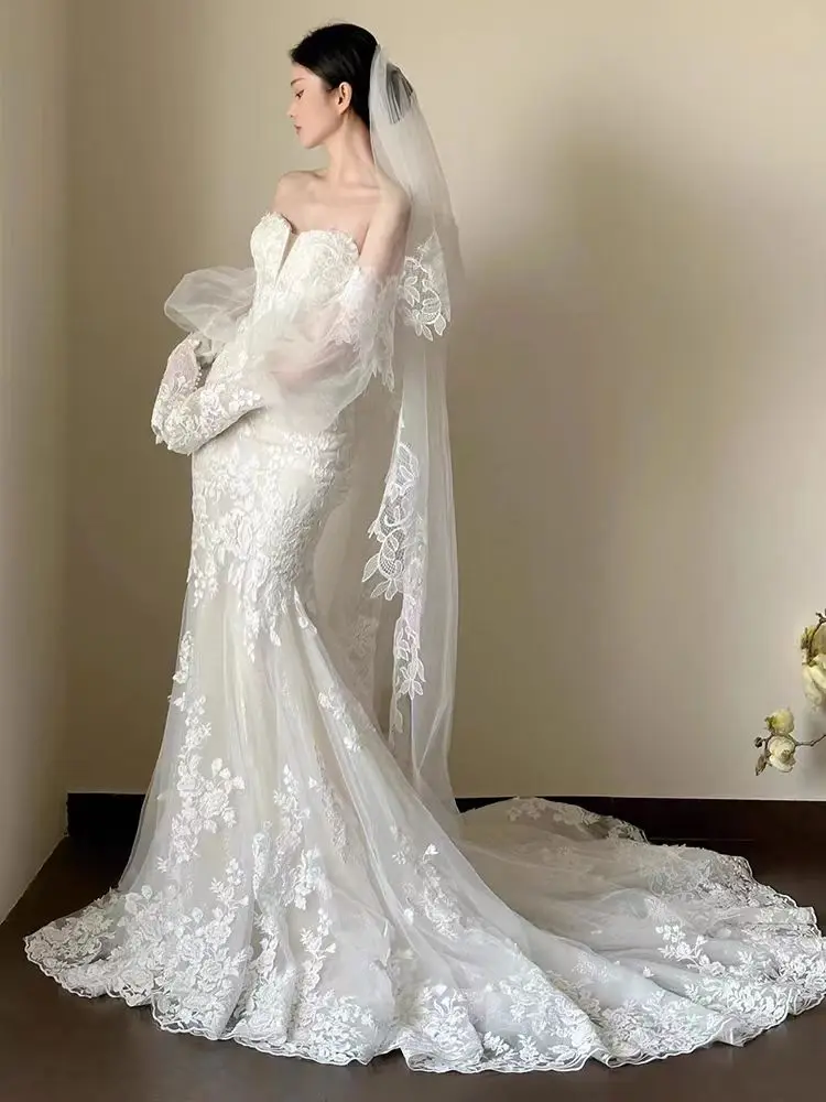 

Элегантное кружевное свадебное платье в корейском стиле с эффектом «рыбий хвост», со средней талией, без рукавов, для отелей и помещений с кондиционированием воздуха