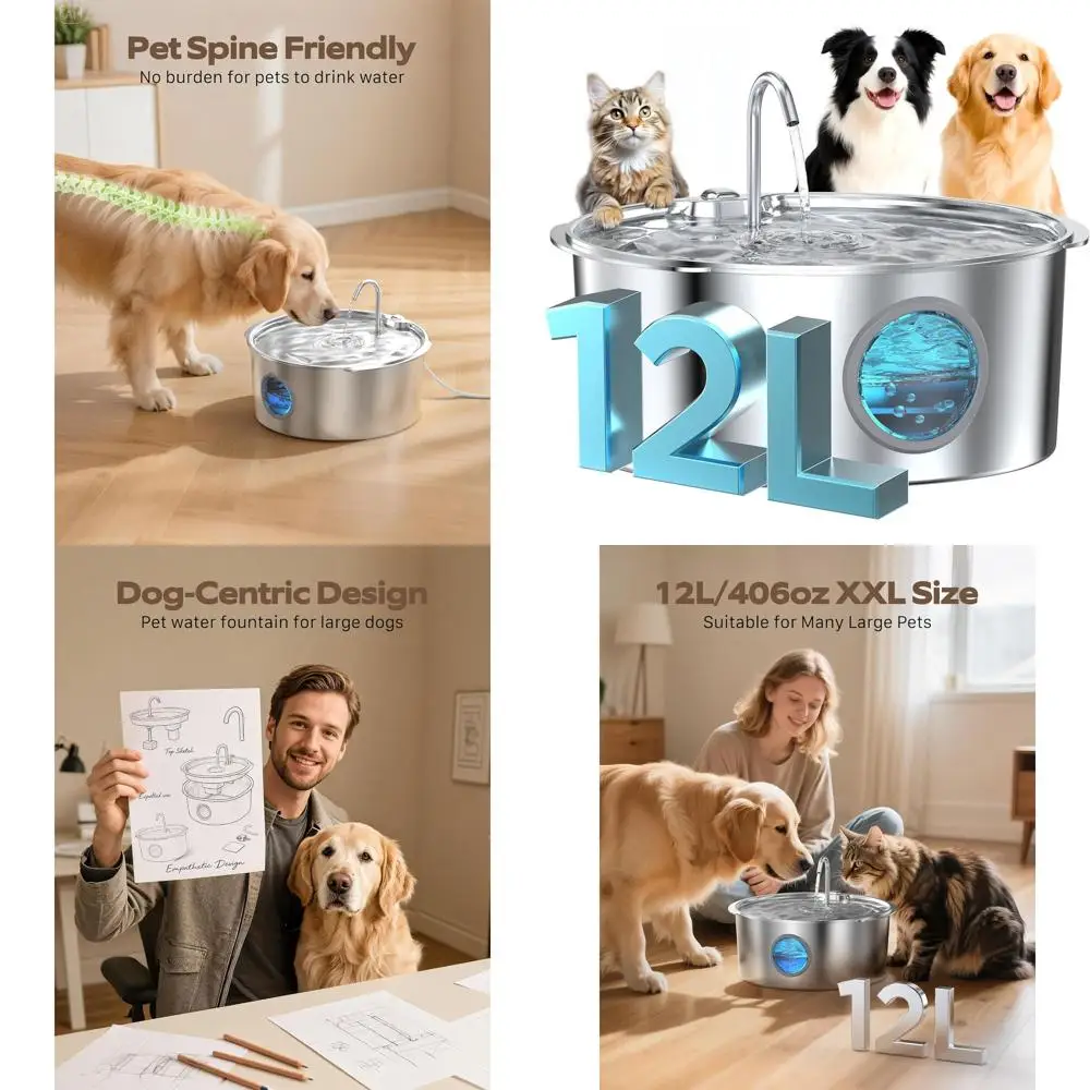 

Large Dog Stainless Steel Water Fountain - 3.2 Gallon Quiet Pet Drinking Bowl for Dogs, Cats, and Multi-Pet Households