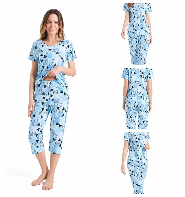 Summer Short Sleeved Capris Cartoon Cute Pajamas Cotton Home Clothes Round Neck Loungewear Thin Two Piece Set Plus Size Pijamas