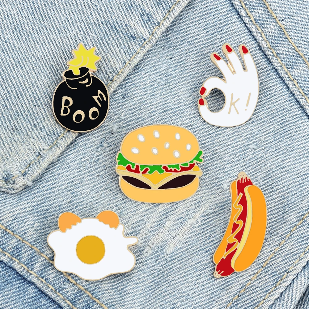 Cartoon Fast Food Enamel Brooch Cute Hamburger Fried Egg Hot Dog Lapel Pin for Kids OK Gesture Bomb Bag Denim Badge Jewelry Gift