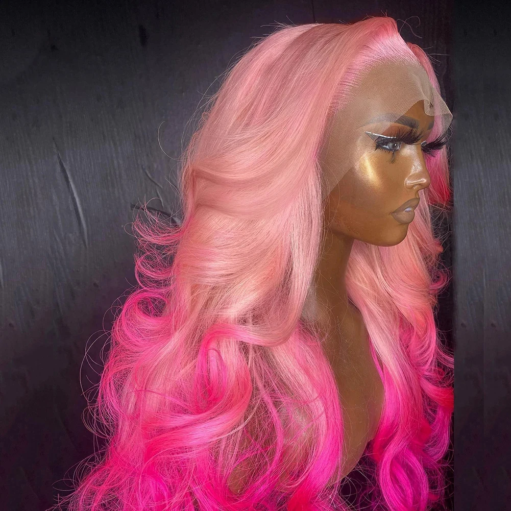 Perruque Lace Front Wig synthétique sans colle, 26 pouces, rose ombré, transparente, Drag Queen, At Wave Highlight, Cosplay, perruques pour femmes