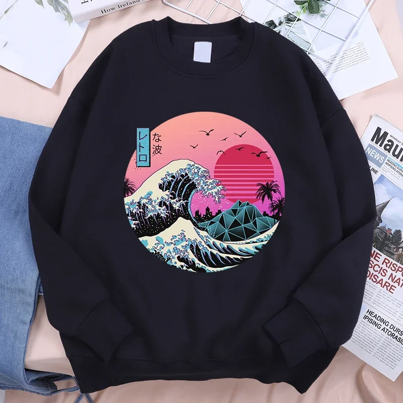 Japanese ukiyo-e sunset waves men women hoodie Harajuku fleece warm sweatshirt fashion oversize streetwear loose autumn hoodies