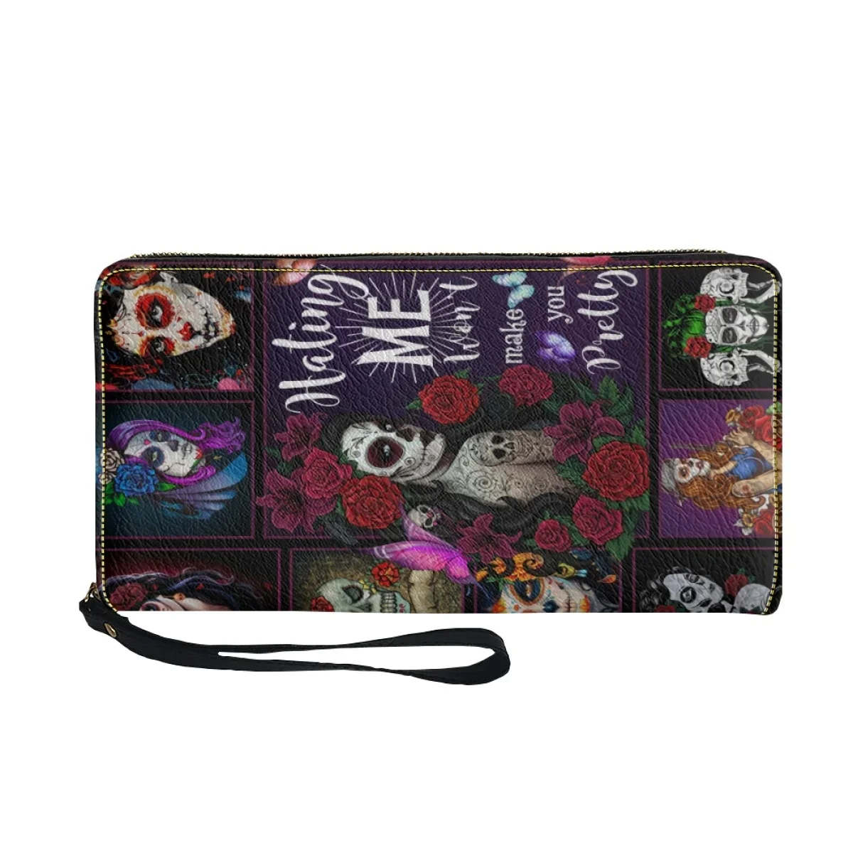 Gothic Sugar Skull Design Women's Wallets Wristlet Clutch Cell Phone Wallet Long Change Bag Woman Passport Holders Ladies Purse