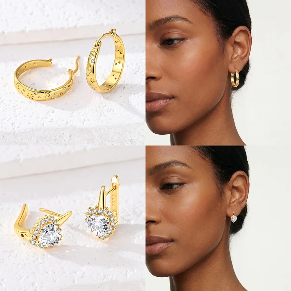 Women Earrings 925 Silver Gold Plated Heart Zircon Retro Star Sun Hoop Earrings for Party Birthday Jewelry Valentine's Day Gift