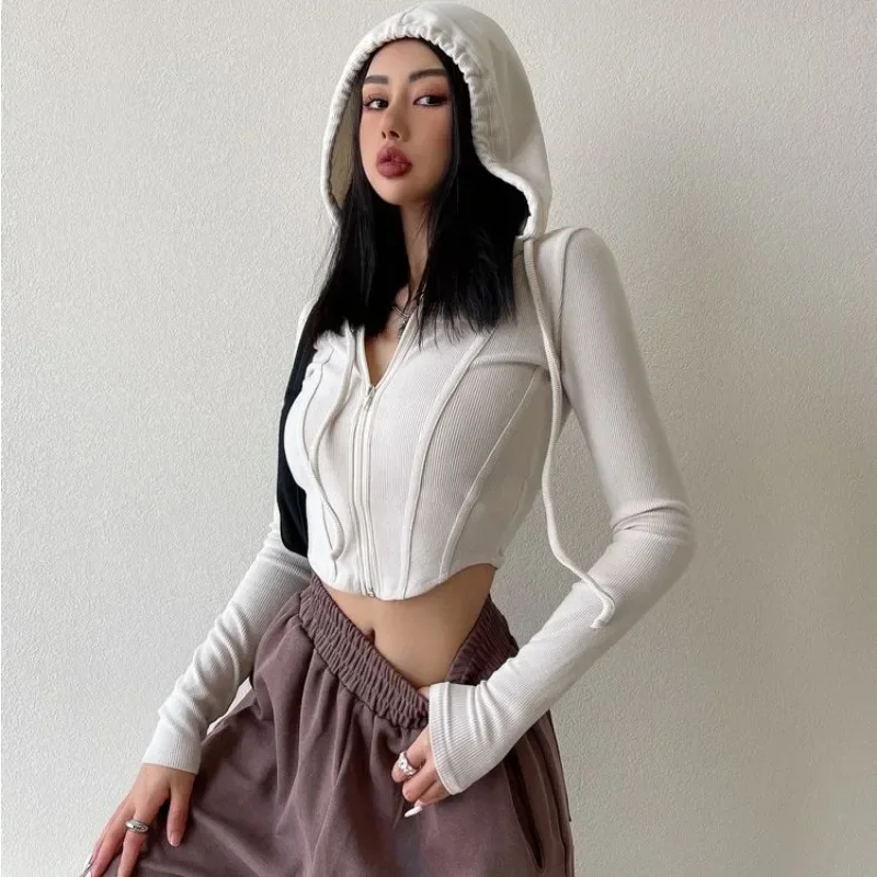 Long Sleeve T-Shirts Women Streetwear Hooded Solid Slim Fit All-match Sexy Hot Girls Comfortable Crop Tops Spring Female Clothes