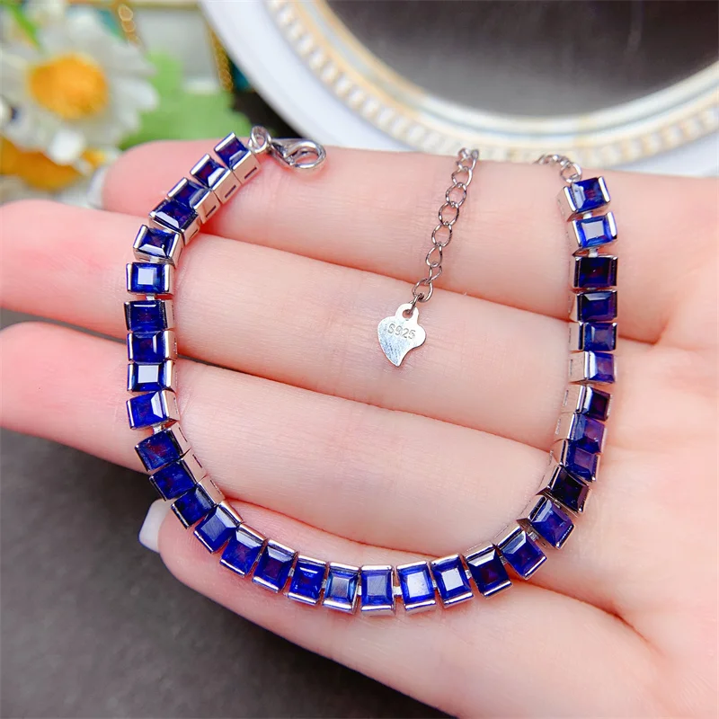 Natural Sapphire 925 Sterling Silver Bezel Bracelet Luxury Jewelry Designer Square Sri Lankan Sapphire Bracelet