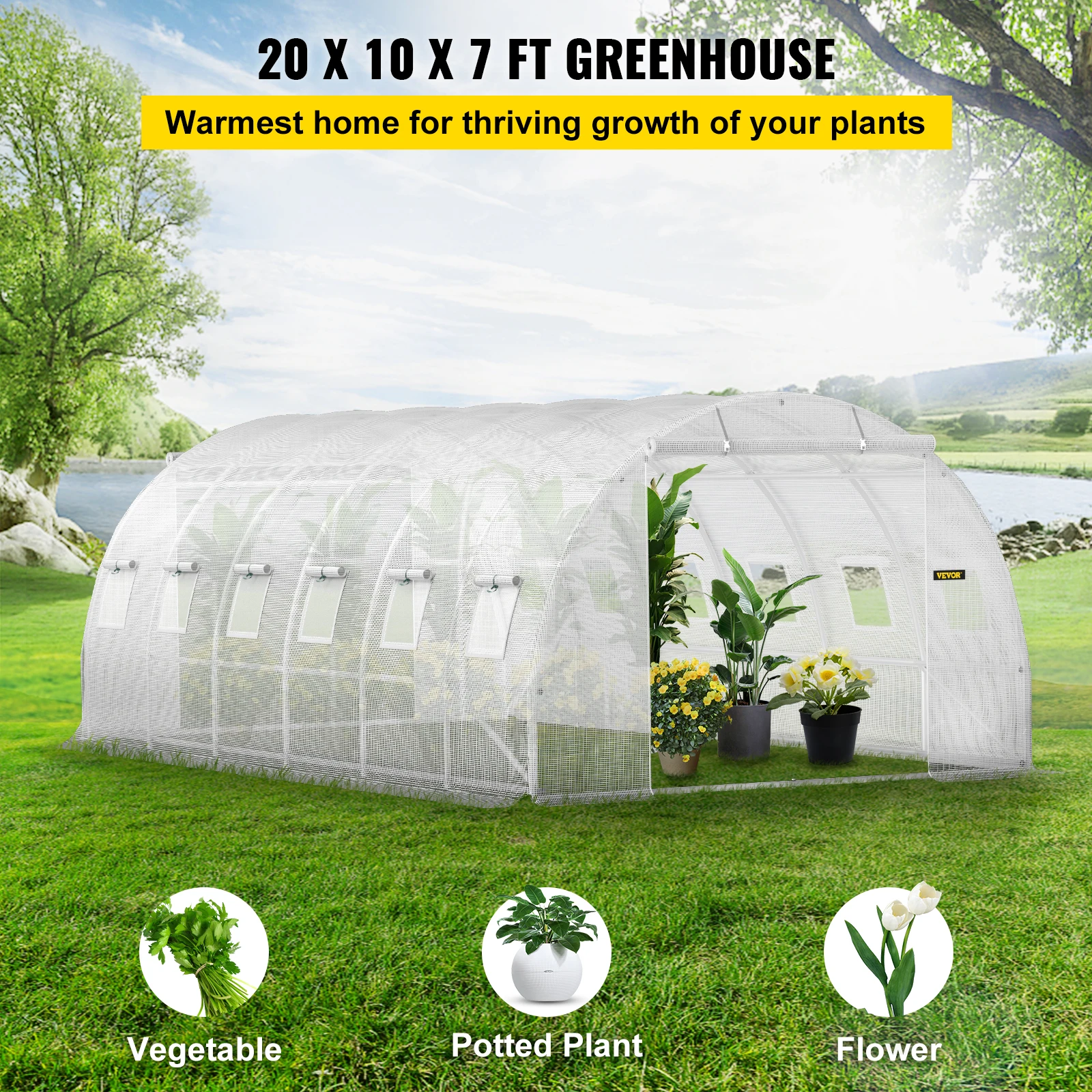 VEVOR 20 x 10 x 7 ft Walk-in Tunnel Greenhouse Portable 3 Top Beams Diagonal Poles 2 Zippered Doors & 12 Roll-up Windows White