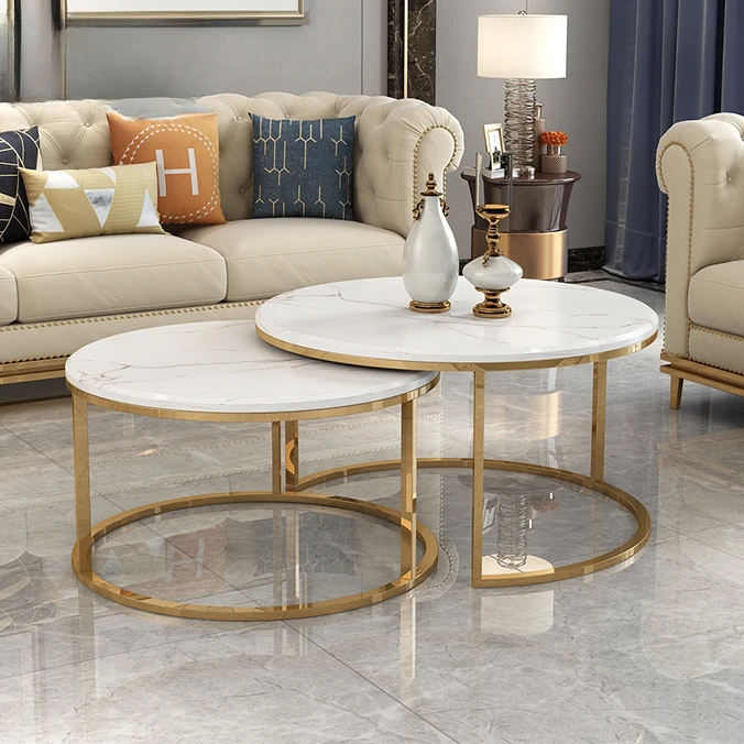 Living Room Furniture Black White Gold Metal Nordic Luxury Round Design Modern Marble Top Tea Table Set Coffee Table