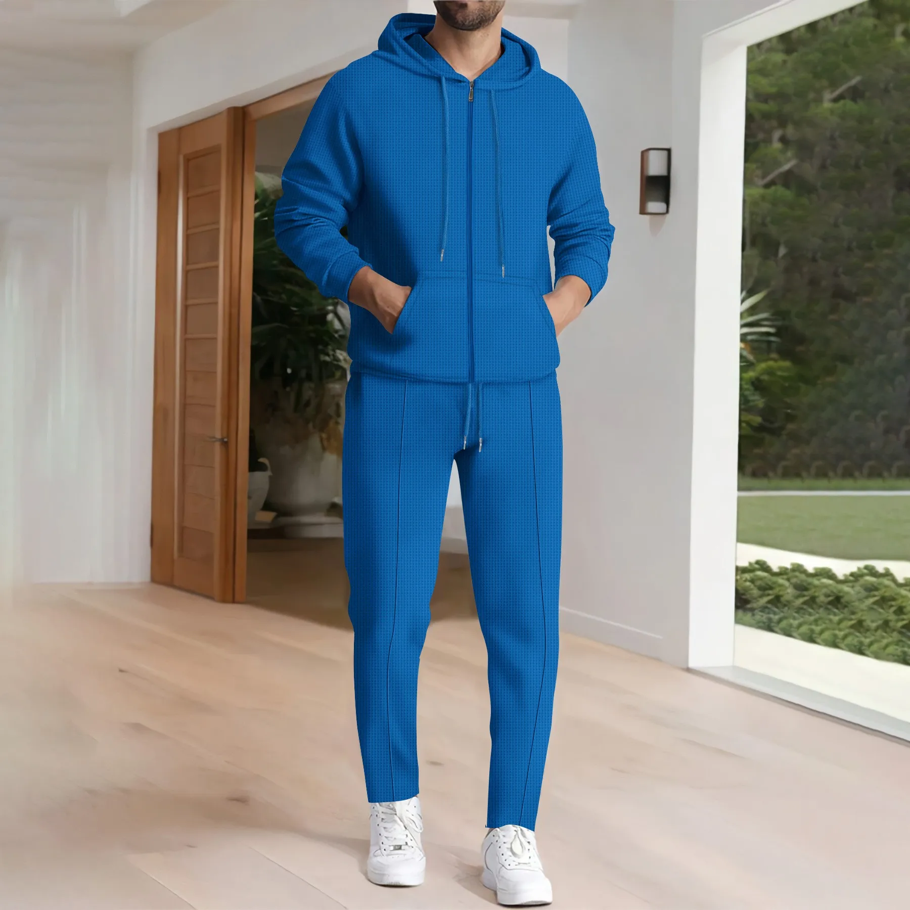26 popular men's autumn new waffle knit hooded zip cardigan with pockets, long-sleeved and long-pants casual two-piece set view 2