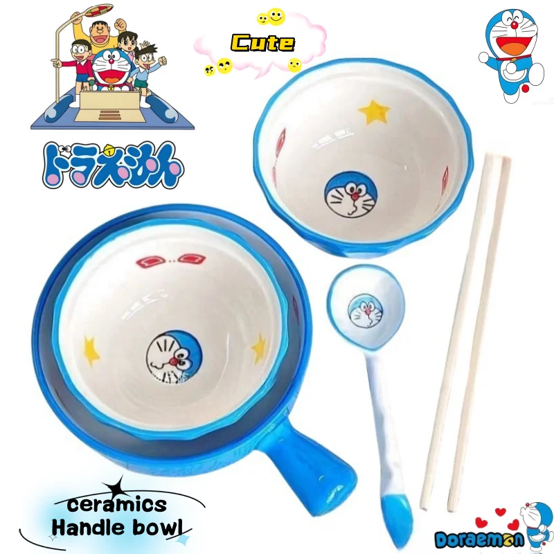 Vajilla de cerámica periférica con dibujos de Doraemon, tazón con mango de fideos instantáneos de alto valor para el hogar, palillos y cuchara
