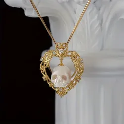 Boho Unisex Copper Skull Pendant Necklace with Faux Pearl Heart and Zirconia Accents, Everyday Wear Vacation Party Necklace