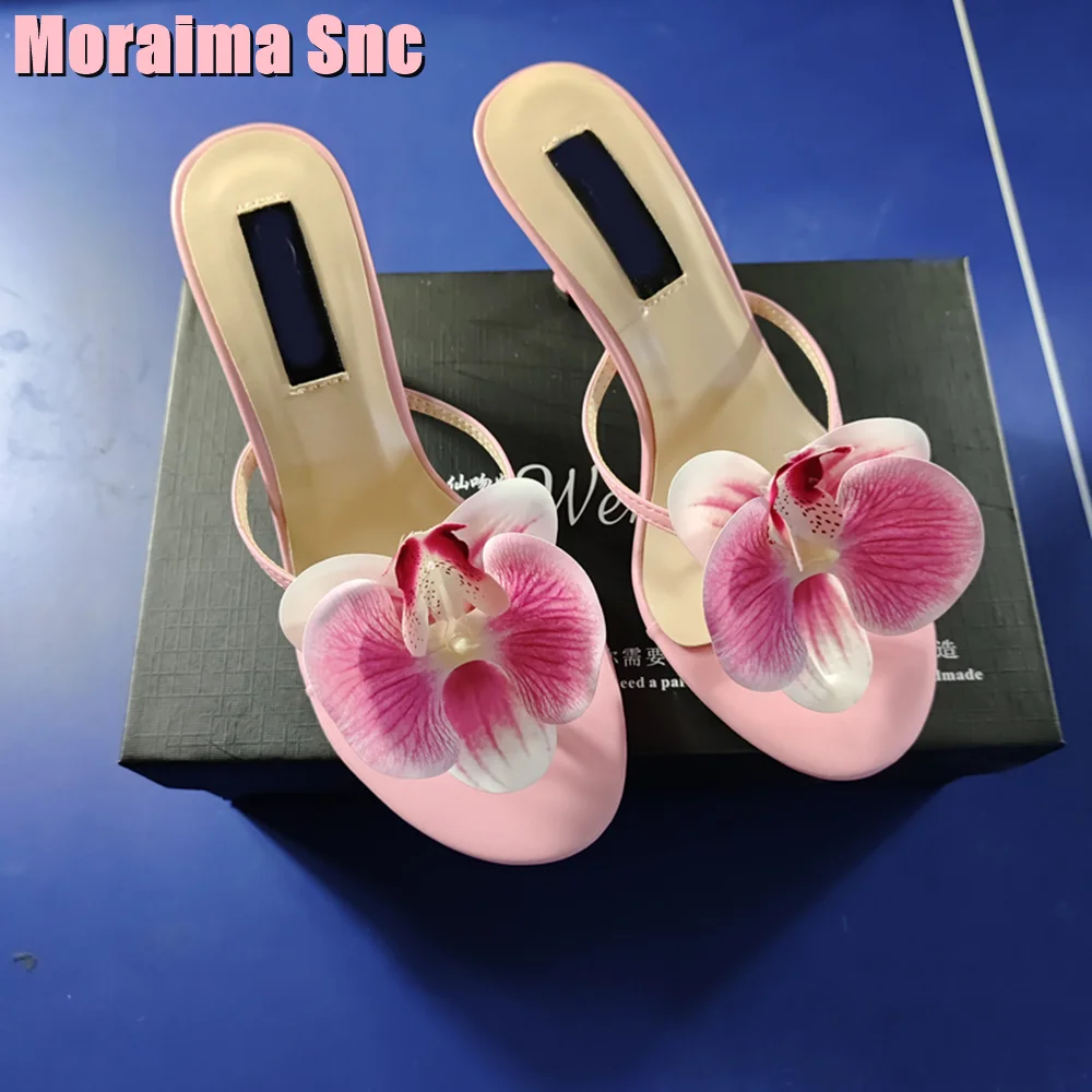 

Butterfly Flower Decor Clip Toe Slippers Stiletto High Heels Pink Solid Sexy Women Slides Summer Ladies Shoes Outdoor Fashion