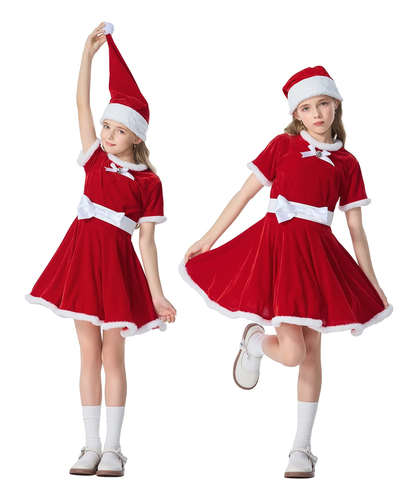 Niedliches Weihnachtskleid-Set für kleine Kinder, bestehend aus einem weiß gefütterten Rock mit flauschigem, weißem Rand, einer weißen Schleife und einer passenden Weihnachtsmütze. – Detail 9