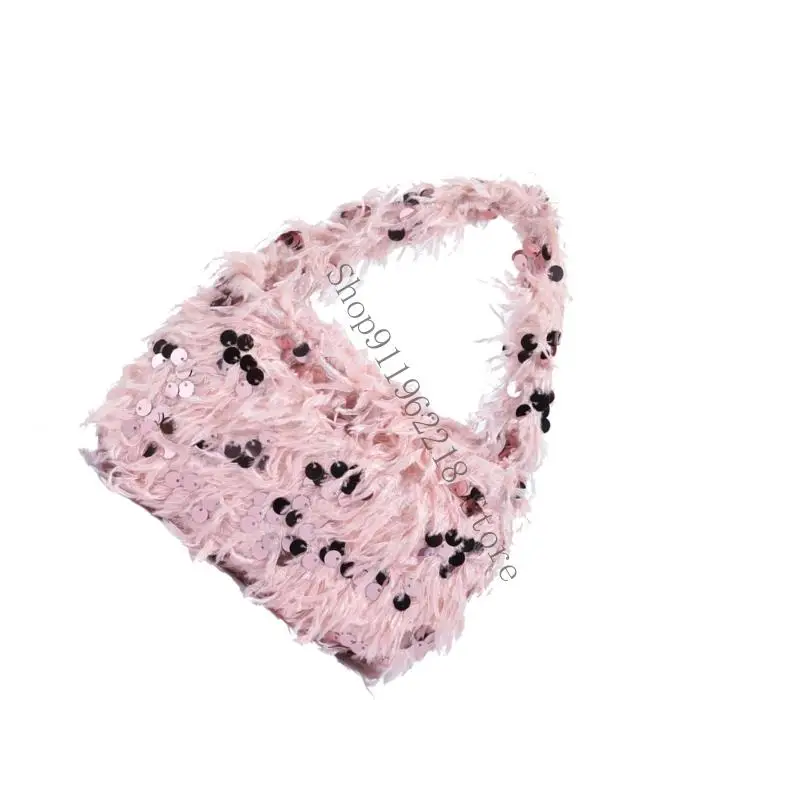 

Trendy Sequins Shoulder Bag Adjustable Strap Small Handbag Comfortable Faux Furs Detail Compact Casual Outfit 066F