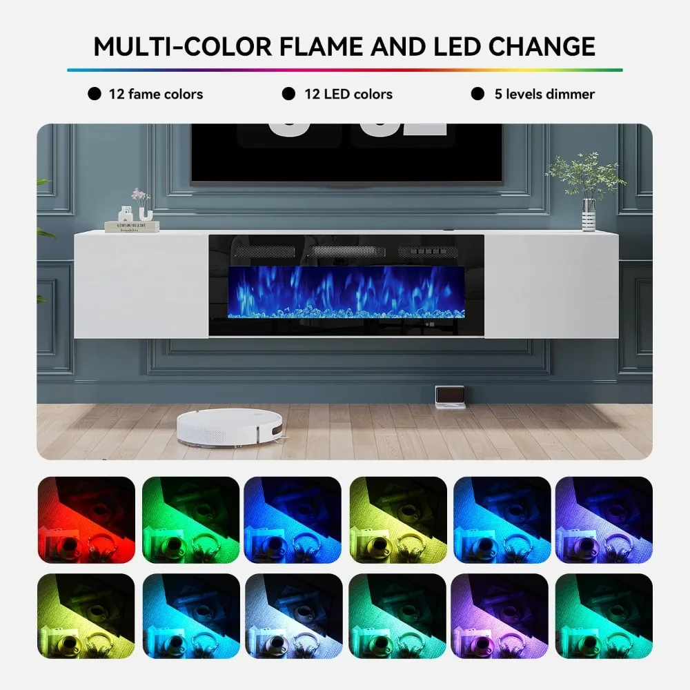 حامل تلفزيون عائم مقاس 70 بوصة مع مدفأة كهربائية مقاس 36 بوصة، مثبت على الحائط لمركز الترفيه، وحدة تحكم تلفزيون الوسائط الخشبية الحديثة مع مدفأة #4