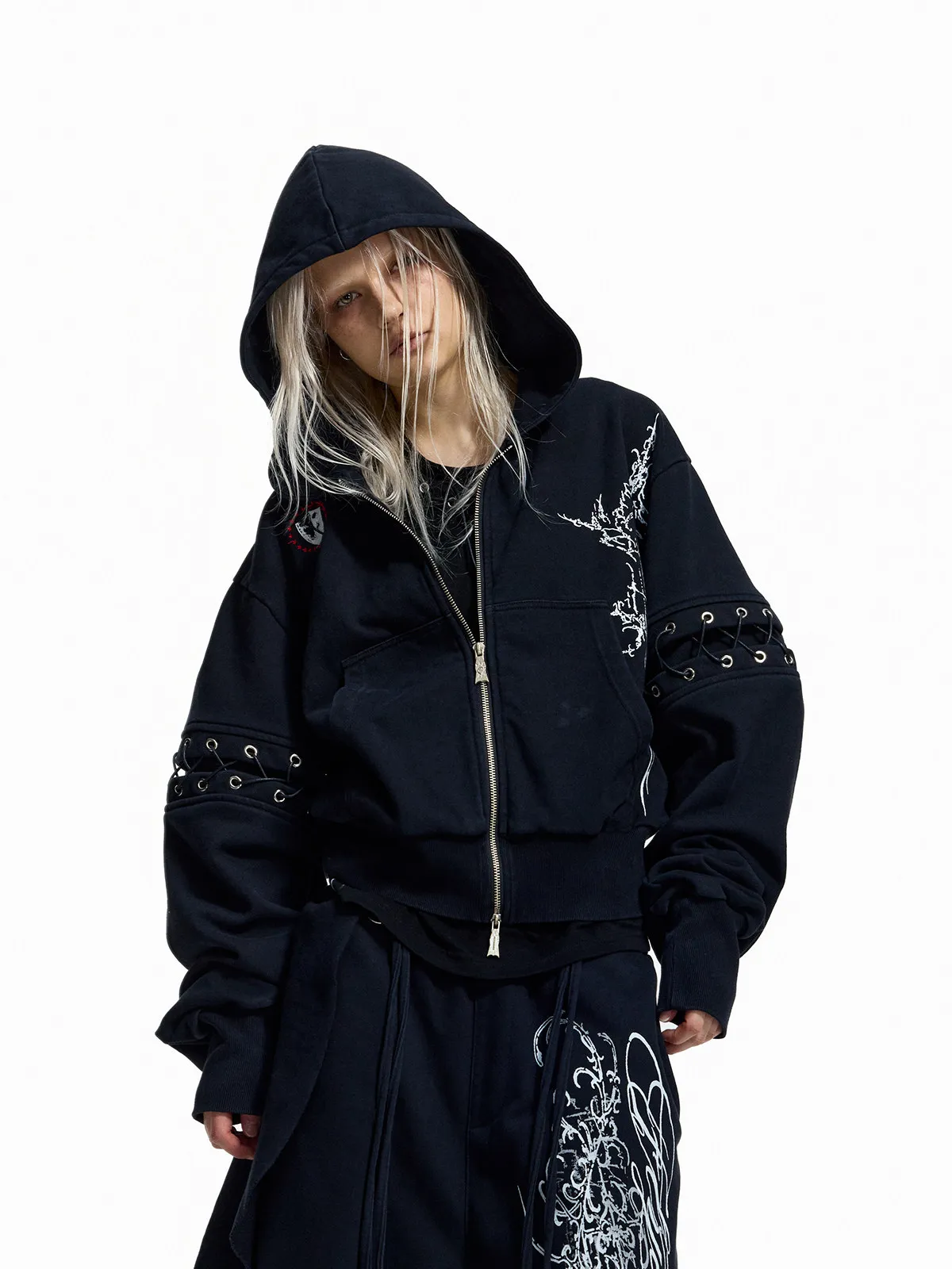 Punk Style Short Wax Rope Strap Sleeve Zipper Hoodie Subcultural Hooded Sweatshirt Cardigan Coat Men and Women