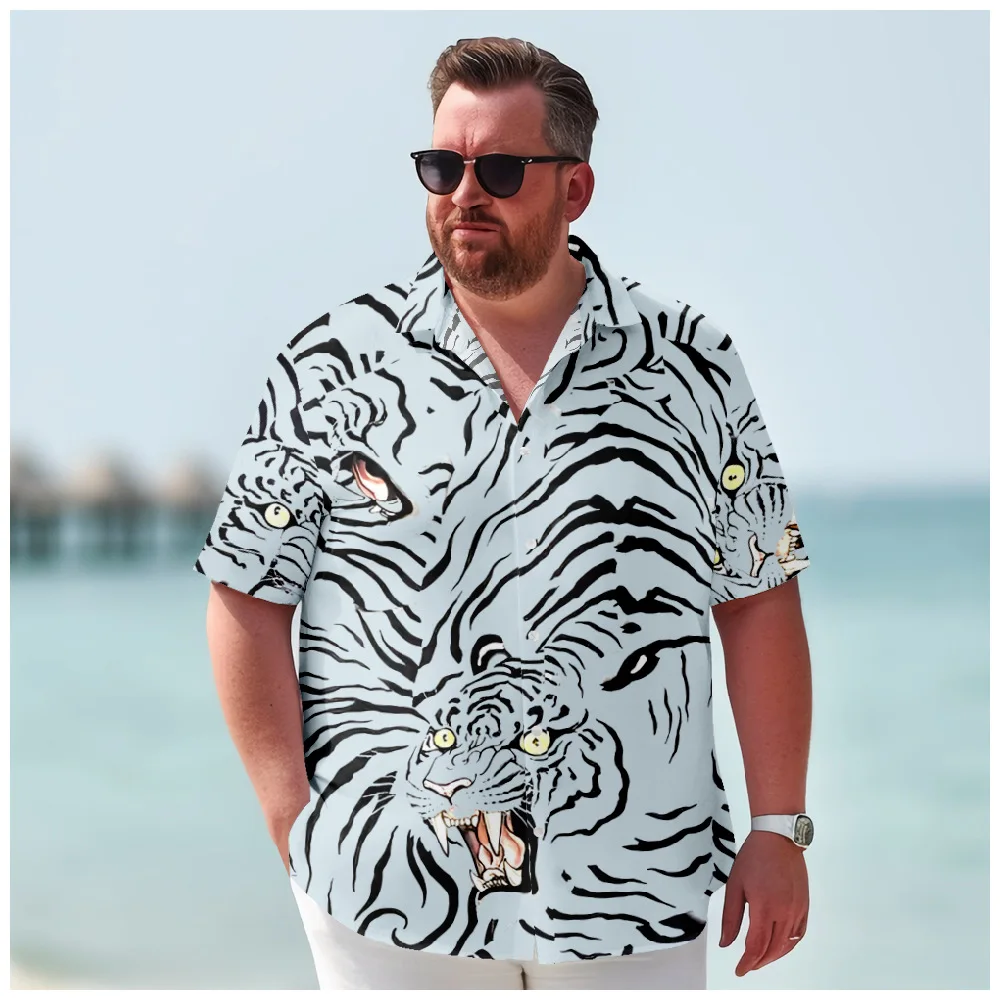 

Tiger Stripes Shirts Print Hawaiian Crane Bird Graphics Dress Shirt Short Sleeve Sports Streetwear Breathable Beach Men Clothing