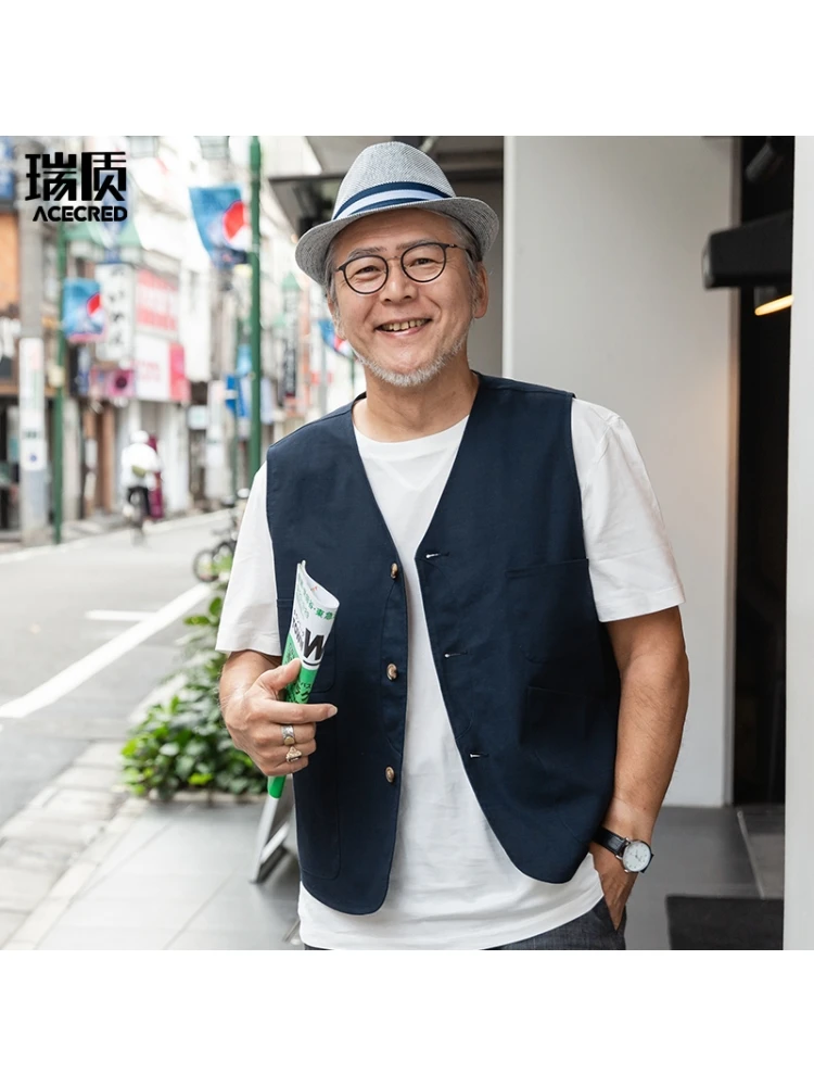 

Хлопковая жилетка для мужчин среднего и пожилого возраста, весенне-осенняя, модная, в городском стиле, с V-образным вырезом, на пуговицах, с множеством карманов