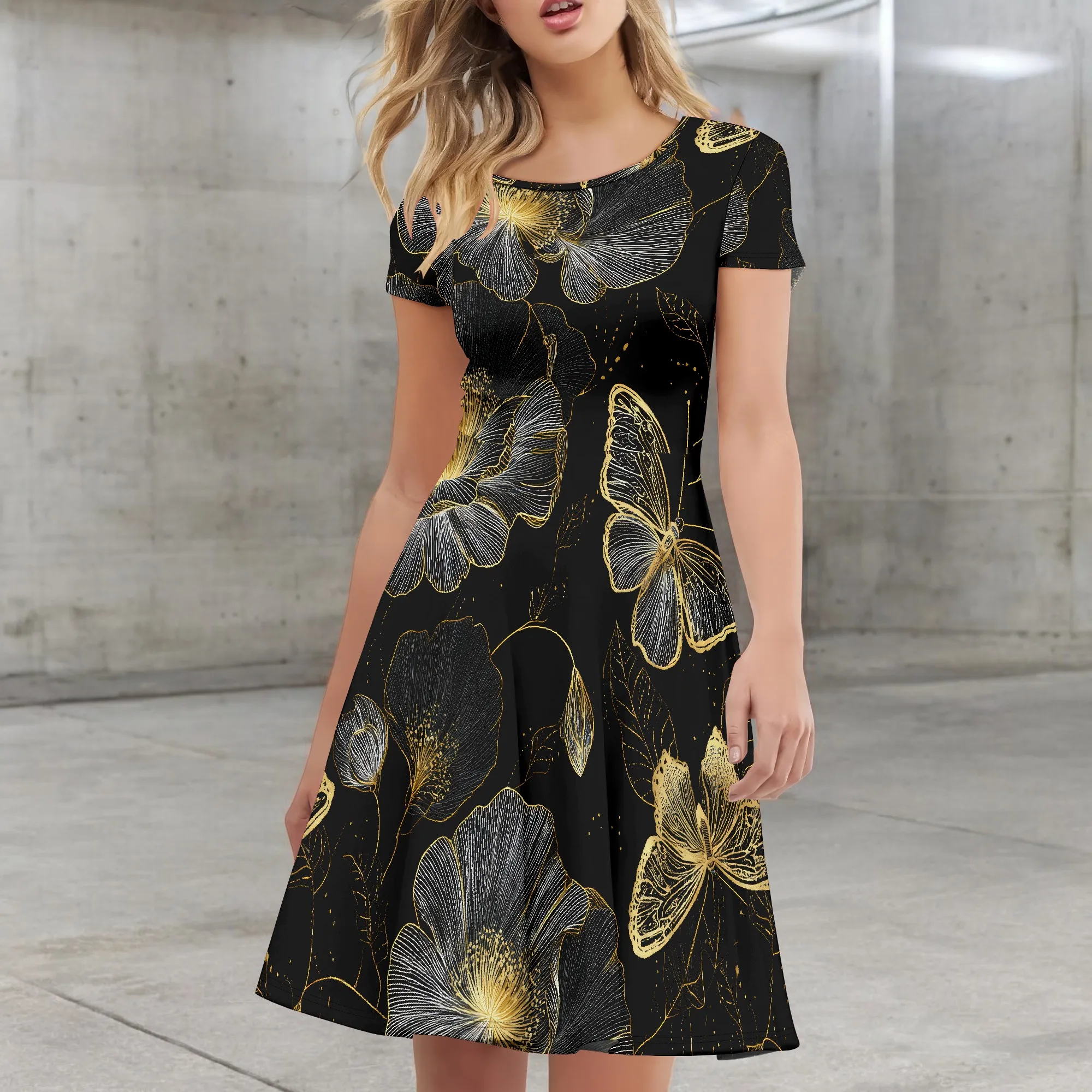 ผู้หญิง Puffy Swing Elegant Party Midi ชุดเดรสแขนสั้นคอรอบคอ A-Line Dress