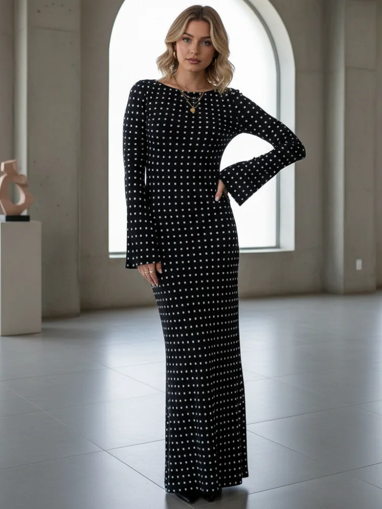 Missuoo 2025 automne élégant à pois robe Maxi col rond manches longues coupe ample robes de soirée robes de soirée noires