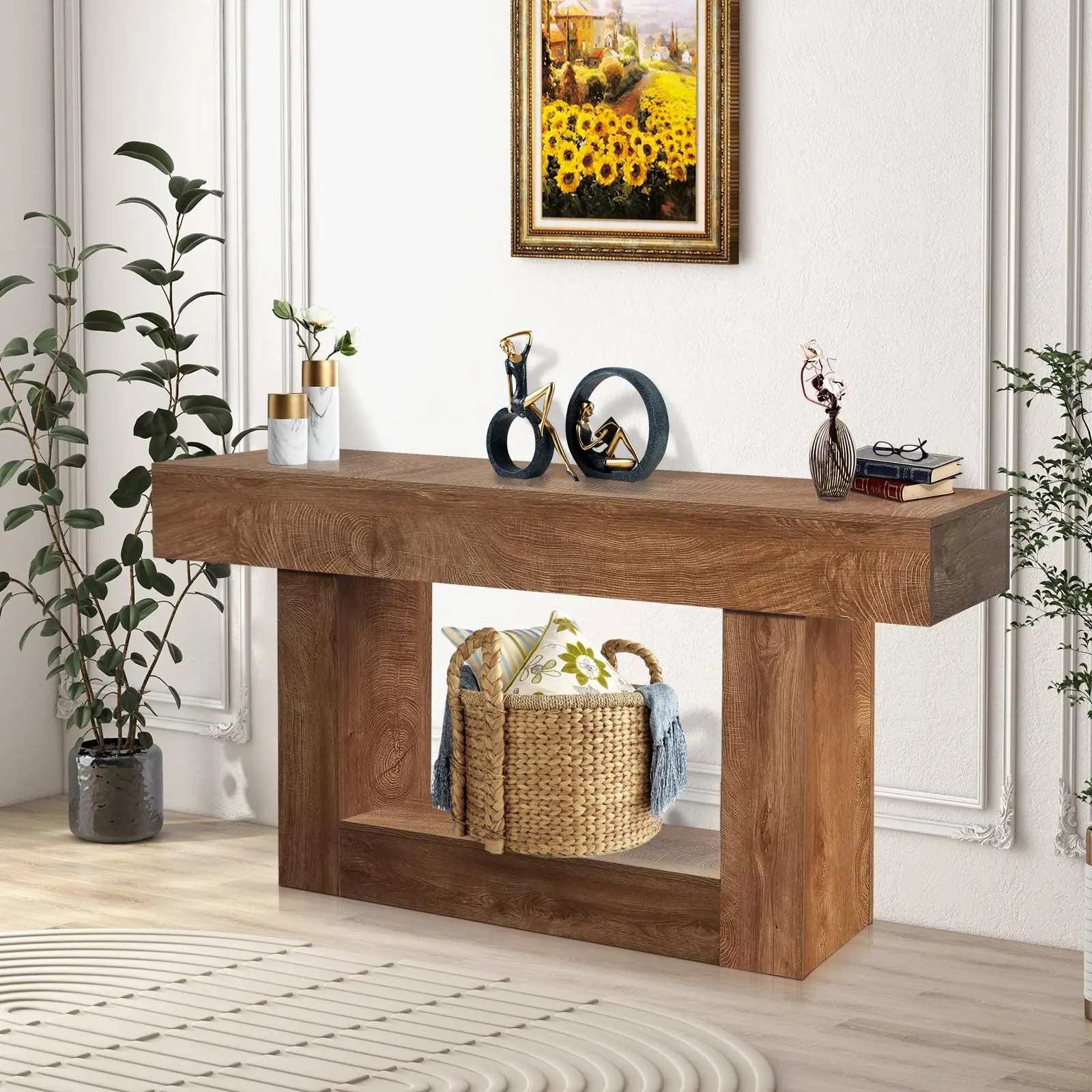 63 Inch Long Farmhouse Entryway Table, Rustic Wooden Sofa Table with Storage Shelf, Easy Assembly, Space Saving Accent Furniture