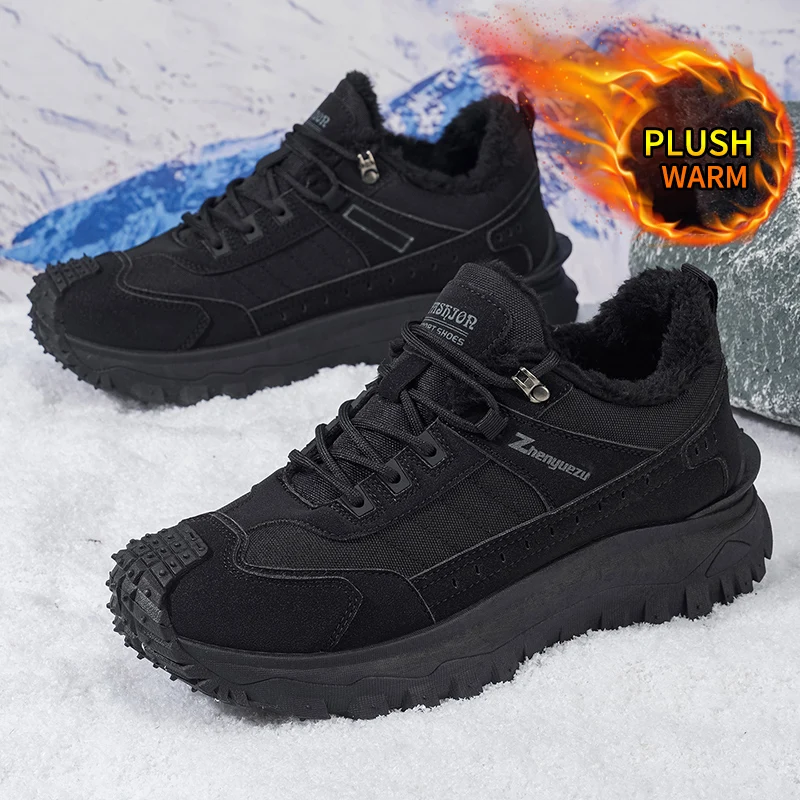 New Autumn and Winter Classic Solid Color Lace-Up Low-Top Snow Boots, Fleece-Lined Warm Outdoor Hiking Boots