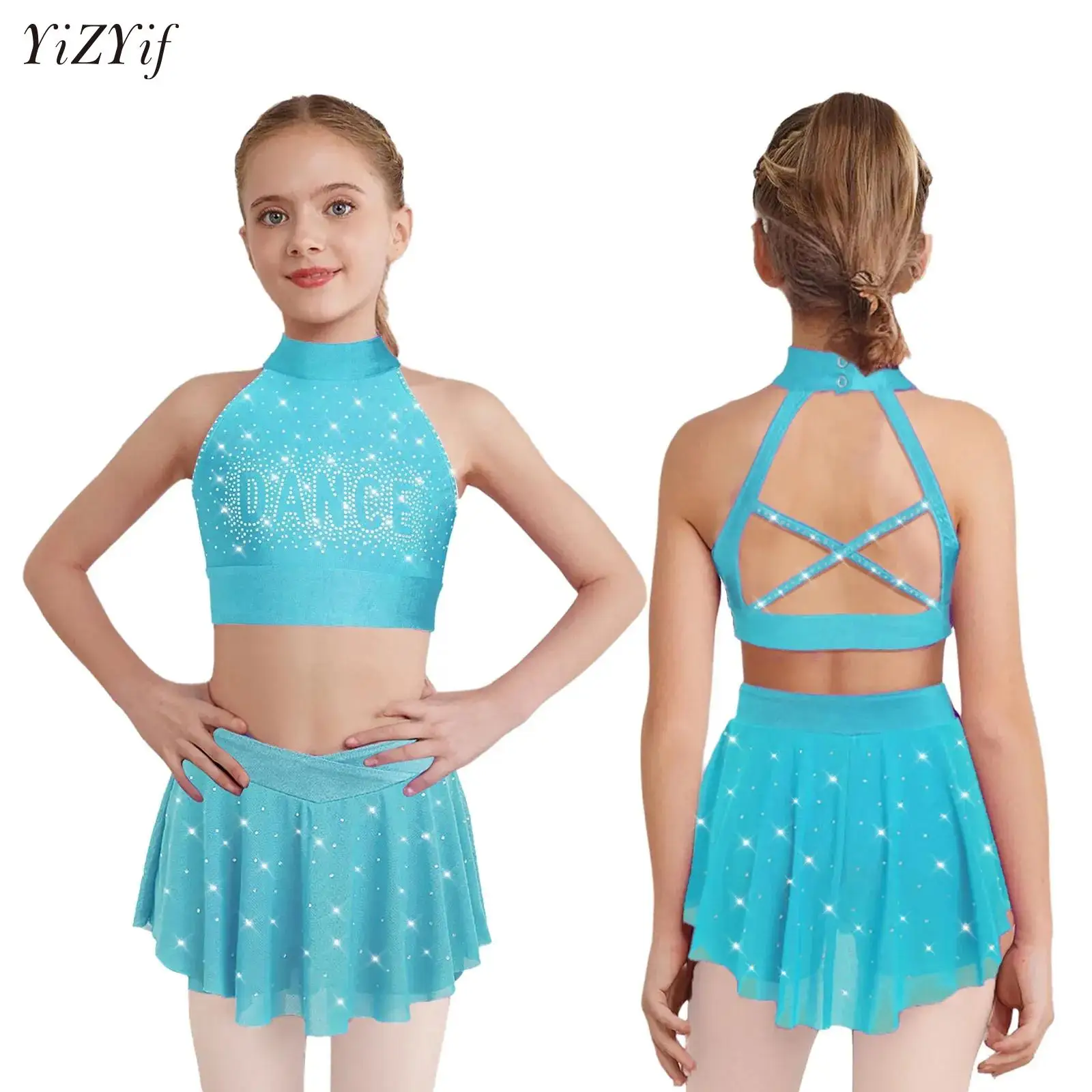 

2Pcs Ballet Set Girls Lyrical Modern Dance Outfit Rhythmic Gymnastic Dancewear Crop Top and Skirt Rhinestone Yoga Sports Costume
