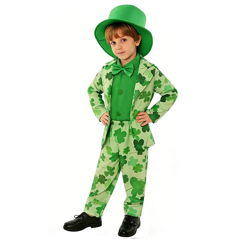 

Унисекс для девочек, нарядное платье на Хэллоуин для вечеринки в честь Святого Патрика, костюм Лепрекона с клевером для мальчиков