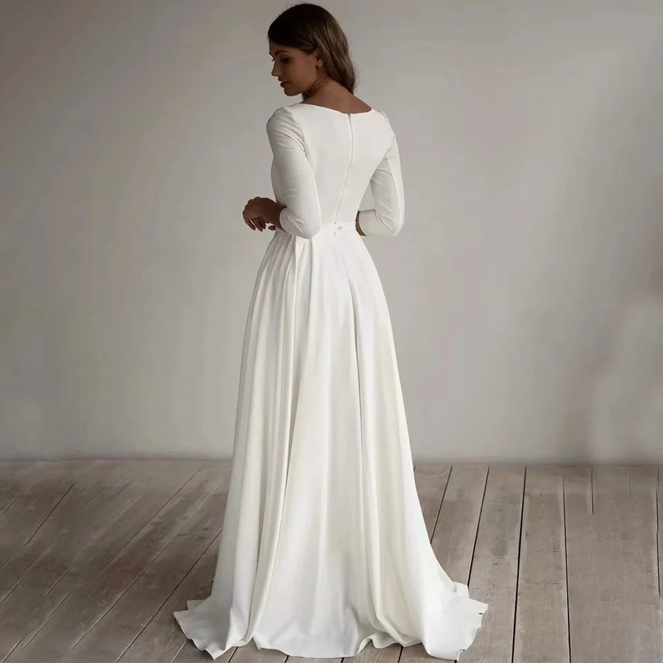 Flavinke-vestidos de novia sencillos, ropa de manga larga, corte en A, cuello Barco, elegante, con bolsillos, talla grande